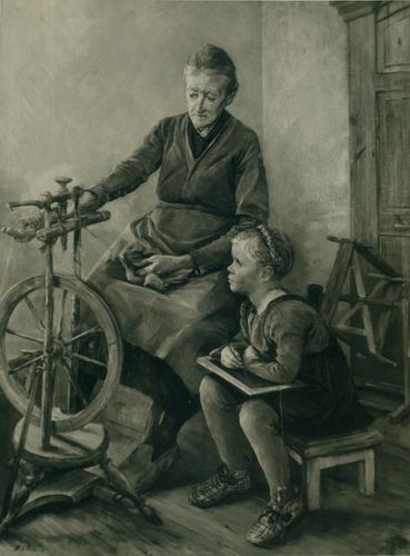 Hans Jakob Mann, Frau Rohrmoser, Mutter von Fr. Kraus am Spinnrad, 1948, Öl auf Malkarton, 85 x 65 cm, Privatbesitz, © Rosemarie Mann-Stein