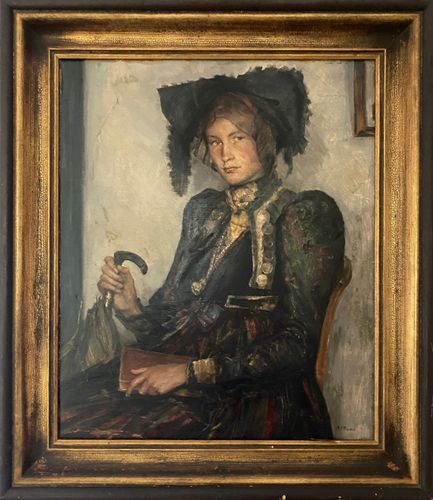 Hans Jakob Mann, Claas Tochter in Dachauer Tracht, 1951, Öl auf Malkarton, 85 x 65 cm, Privatbesitz, © Rosemarie Mann-Stein