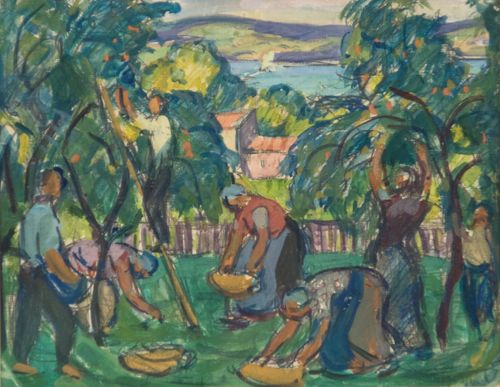 Otto Weil, Apfelernte in Holzhausen, o. J., Gouache auf Papier, 15 x 19 cm, Privatsammlung