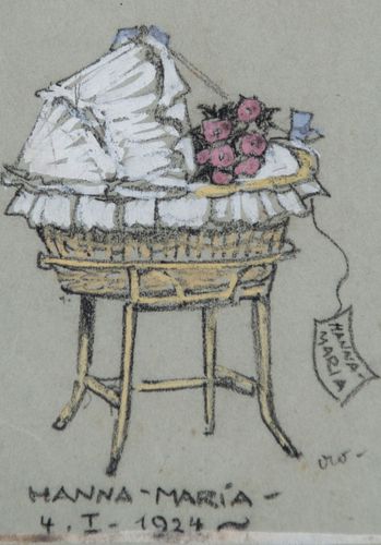 Otto Weil, Geburtskarte Hanna Maria, 1924, Bleistift, Gouache auf Papier, 13 x 9 cm, Privatsammlung