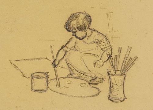 Otto Weil, Hanna Maria Weil beim Malen, o. J., Kohle auf Papier, 25 x 29 cm, Privatsammlung